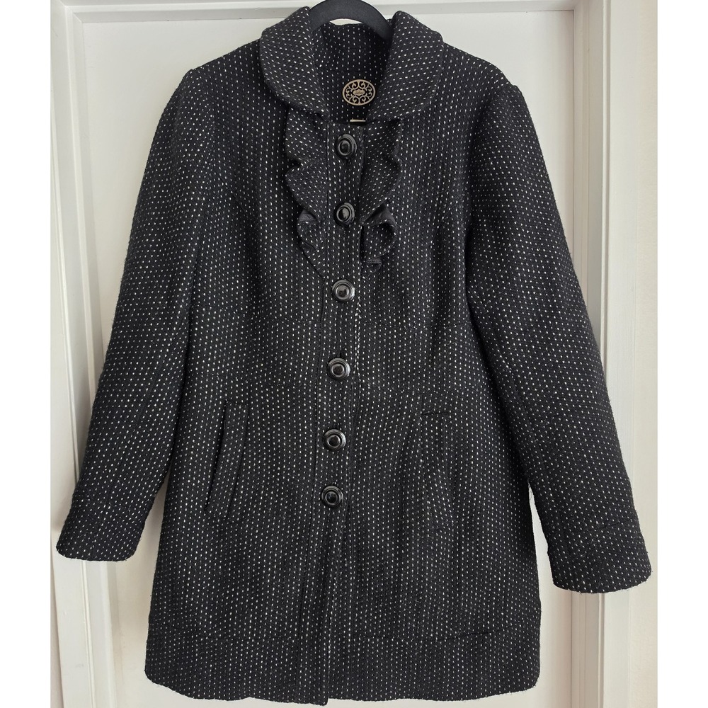 Idra by Anthropologie 12 Black Wool Blend Polka Dot Long Coat Whimsy Ruffle